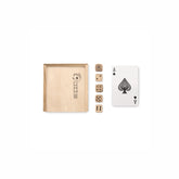 Playing set with 54 cards and 5 dice. Presented in wooden box.