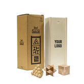 3-in-1 Premium Wooden Brain Teaser Puzzle Set with Sliding Box