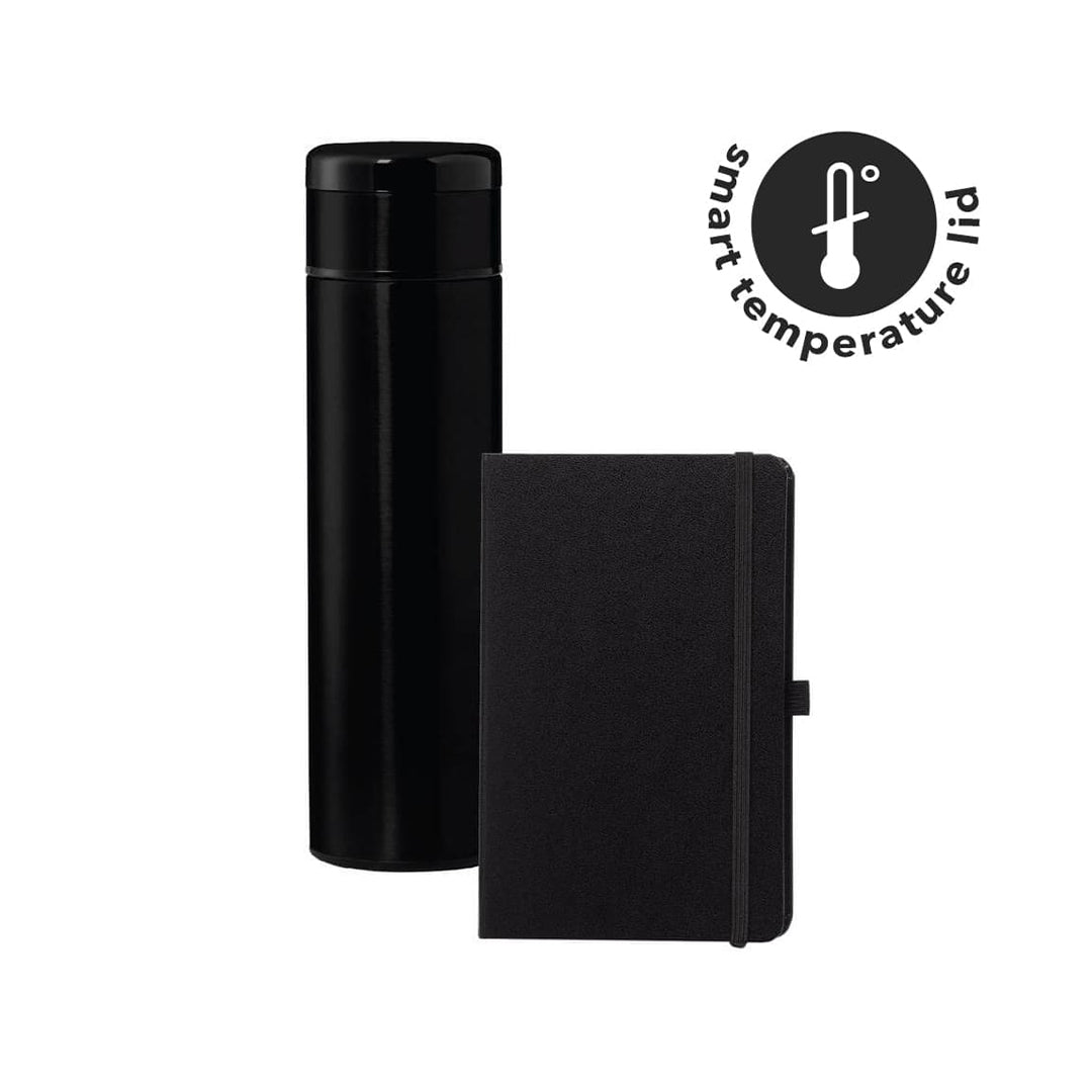 SARGAN - Vacuum Flask with Temperature Lid and Notebook Gift Set - Black