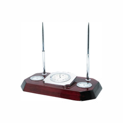 Desktop clock, thermometer, hygrometer, with compass below the clock, and double pen