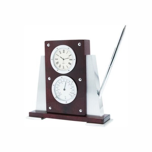 Desktop clock with thermometer and pen
