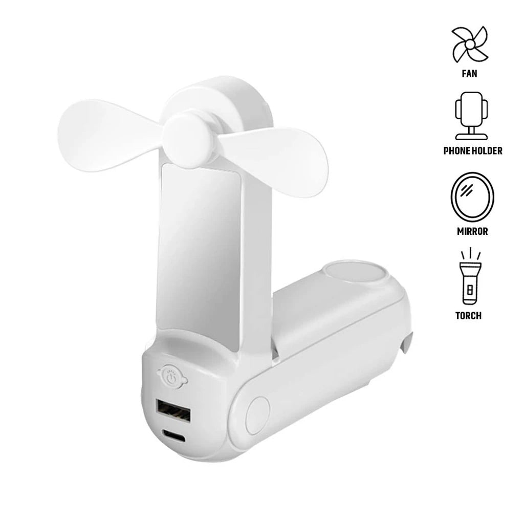 Elite 5-in-1 Multi-Functional Travel Tool – Fan, Power Bank, Torch & Mirror