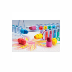 Set of 6 wax crayons in clear pen shape container.