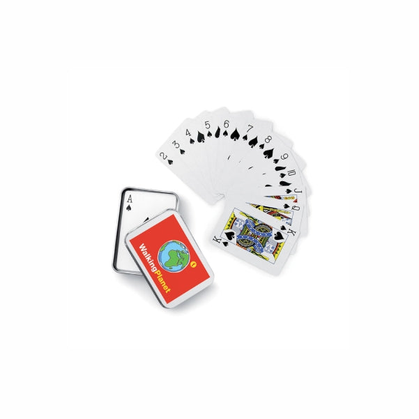 Classic playing cards in a silver tin box. 54 cards.