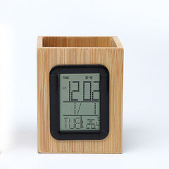 BAMBOO PEN HOLDER WITH LCD DIGITAL CLOCK