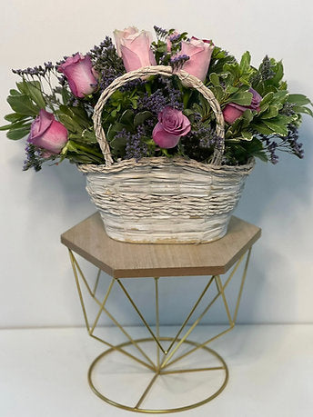 Pastel Fresh Pink & Purple Roses in a Woven Basket