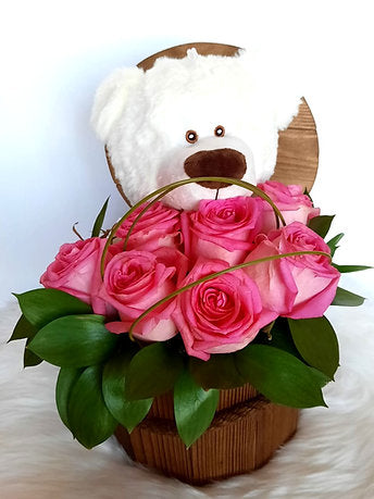 Delicate Pink Roses with Bear in a Wooden Bucket