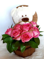 Delicate Pink Roses with Bear in a Wooden Bucket