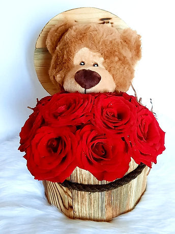 Bucket full of Red Roses with Teddy