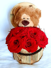 Bucket full of Red Roses with Teddy