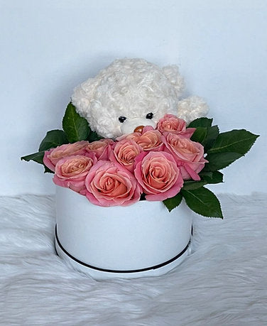 Pink Roses in Box with Cute Bear