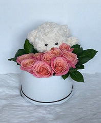 Pink Roses in Box with Cute Bear