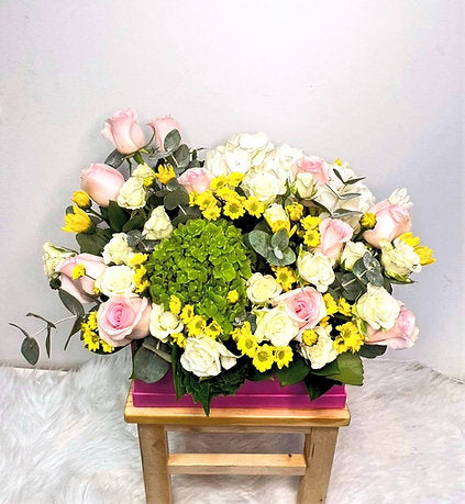 Pastel Flower Wooden Box Arrangement