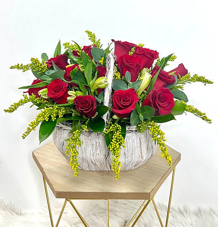 Sweet Fresh Red Roses in a Cute Woven Basket