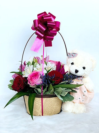 Bear with Flower Arrrangement in a Basket