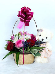Bear with Flower Arrrangement in a Basket