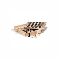 Wooden box including domino, chess, drafts and wooden sticks games.