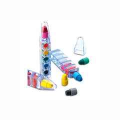 Set of 6 wax crayons in clear pen shape container.