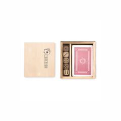 Playing set with 54 cards and 5 dice. Presented in wooden box.