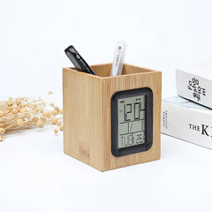 BAMBOO PEN HOLDER WITH LCD DIGITAL CLOCK