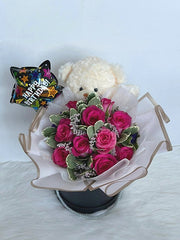 Fashionable Fresh Fushia Roses in a box with Bear