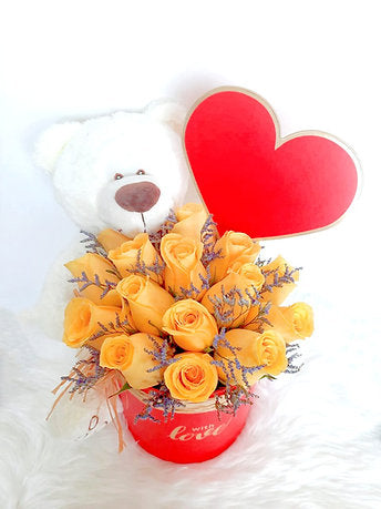 Orange Roses in a Hear Box with Cute Teddy