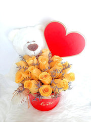 Orange Roses in a Hear Box with Cute Teddy