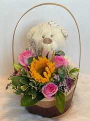Chic Mixed Fresh Flowers with a Cute Bear in a Basket kit