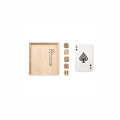 Playing set with 54 cards and 5 dice. Presented in wooden box.