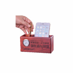 Wooden Pen Stand Card Holder With Clock