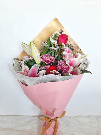 Vibrant Fresh Pink Lilies and Chrysanthemums Bouquet