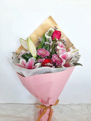 Vibrant Fresh Pink Lilies and Chrysanthemums Bouquet