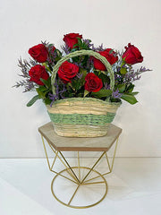 Designed Fresh Red Roses Arrangement in a Basket
