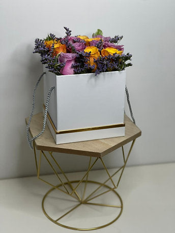 Bright Fresh Purple & Yellow Roses in a Box