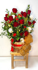 Long Stem Roses Arrangement with Cute Bear