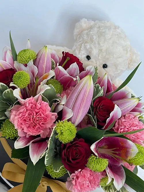 Bountiful Fresh Flowers & Bear in a Box