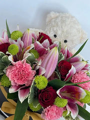 Bountiful Fresh Flowers & Bear in a Box