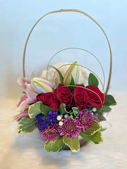 Designed Fresh Flowers  and Bear in a Cute Basket