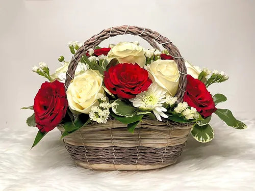 Basket of Fresh Red and White Flowers