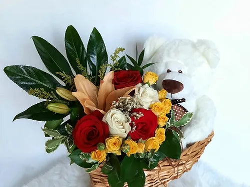 Charming Arrangement in a Woven Boat Basket