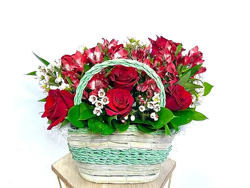Fresh Red Roses & Alstromeria in a Woven Basket