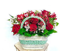 Fresh Red Roses & Alstromeria in a Woven Basket
