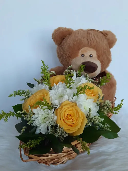 Cheery Chrysanthemum and Roses in a Boat Basket