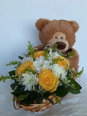 Cheery Chrysanthemum and Roses in a Boat Basket