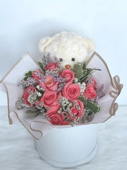 Lovely Bright Pink Fresh Roses in a Boc with Bear