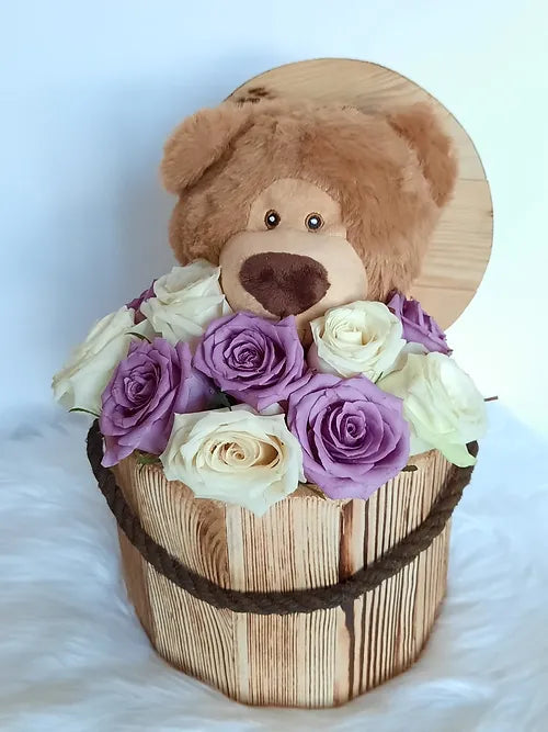 Purple and White Arrangement in a Bucket