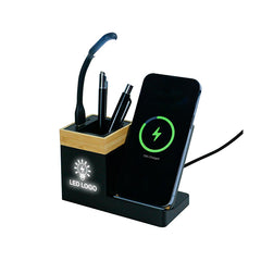 Bamboo Pen Holder with 15W Wireless Charger & LED Logo