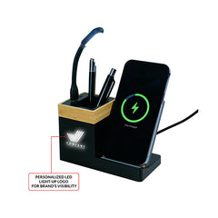 Bamboo Pen Holder with 15W Wireless Charger & LED Logo