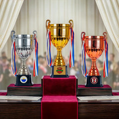 Metal Open Cup Trophies & Removable Ribbon Attached to Both Handles