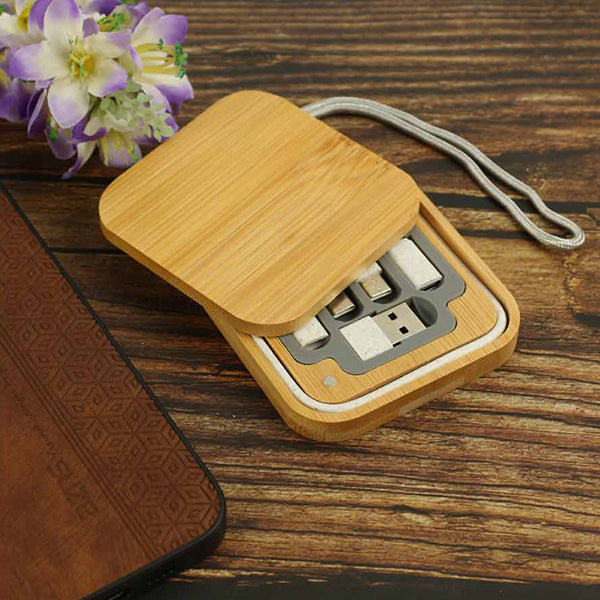 Multi-Charging Cable Set in Square Bamboo Case